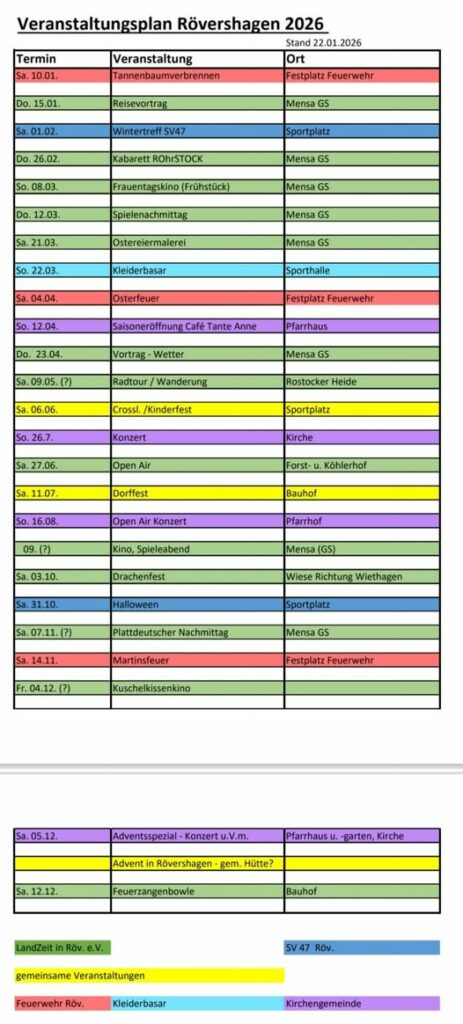 Veranstaltungsplan Rövershagen 2026